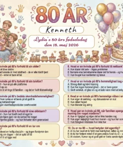 Dækkeserviet til 80 års fødselsdag kvinde med sjov quiz om livet som 80-årig kvinde, fås i 3 designs: sommerfugle og blomster, farverig familie og mørke roser