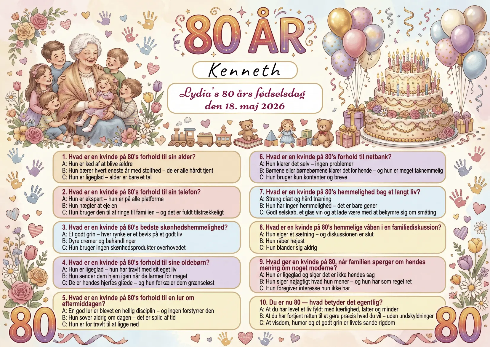 Dækkeserviet til 80 års fødselsdag kvinde med sjov quiz om livet som 80-årig kvinde, fås i 3 designs: sommerfugle og blomster, farverig familie og mørke roser