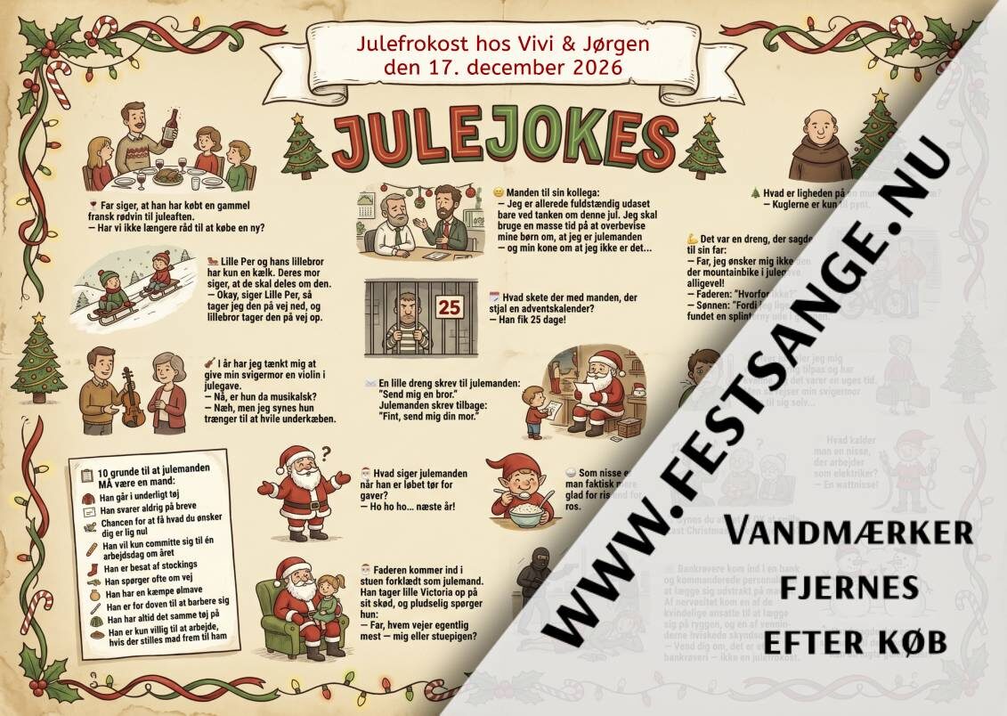 Julejokes dækkeserviet 3 med sjove julehistorier, jokes om julemanden og nisser – perfekt til julefrokost og komsammen