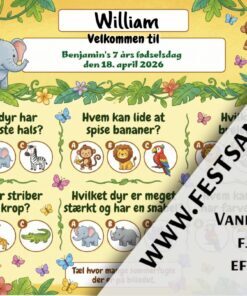 Dækkeserviet til børnefødselsdag med safari- og dyretema, quiz med giraf, elefant, løve, zebra og abe til børn