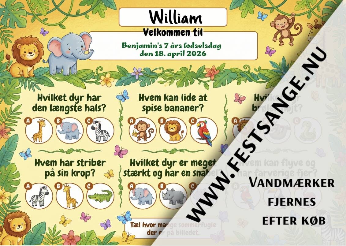 deakkserviet-til-boernefoedselsdag-let-nem-quiz-dyr-og-safari-tema Dækkeserviet til børnefødselsdag med safari- og dyretema, quiz med giraf, elefant, løve, zebra og abe til børn