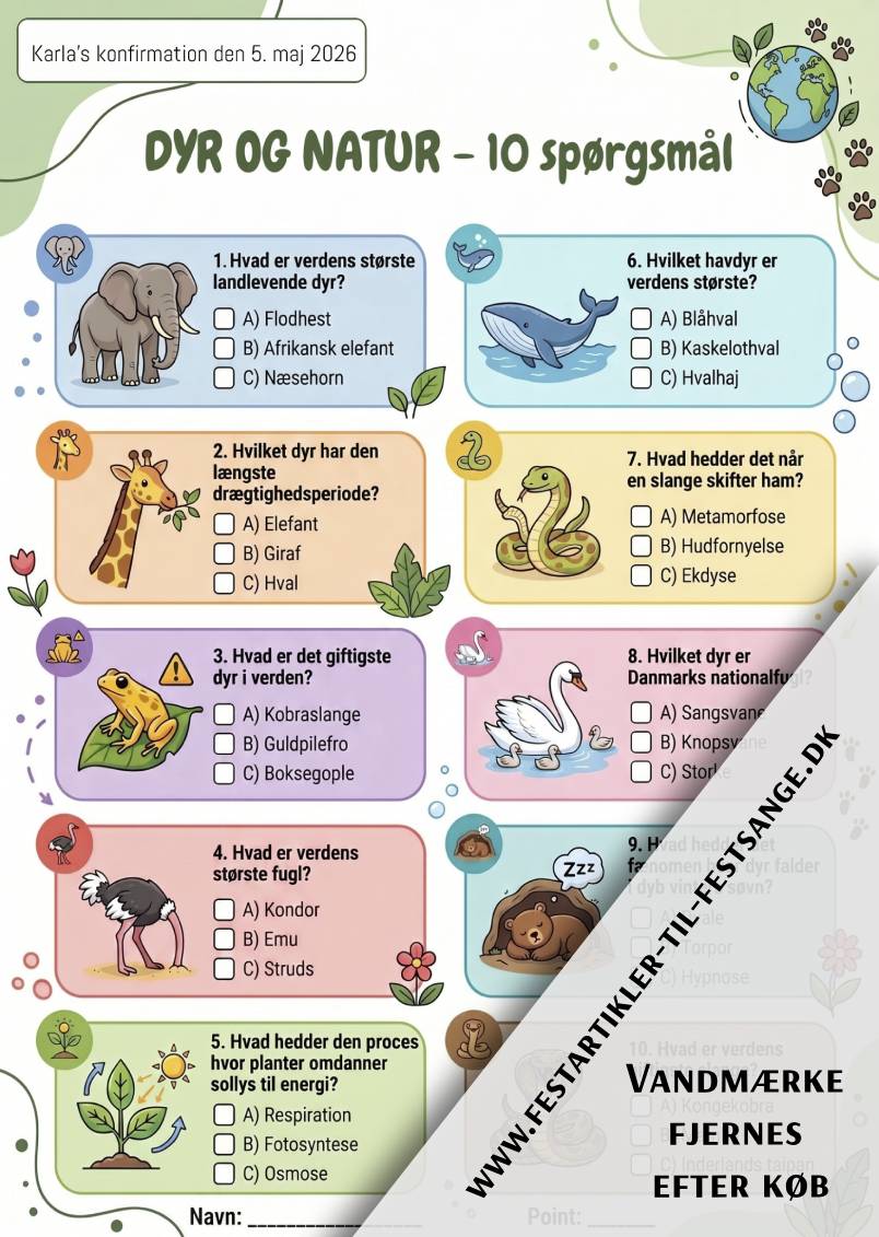 Dyr og natur quiz med 10 spørgsmål om elefanter, blåhvaler, fotosyntese, Danmarks nationalfugl og naturens verden – perfekt til fest og komsammen