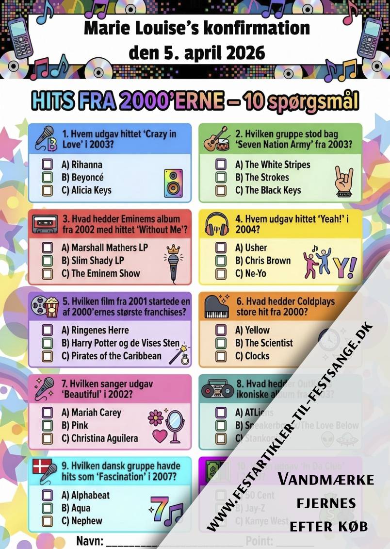 Hits fra 2000'erne quiz med 10 spørgsmål om Beyoncé, Eminem, Coldplay, Lukas Graham og de største hits fra 00'erne – perfekt til fest og komsammen
