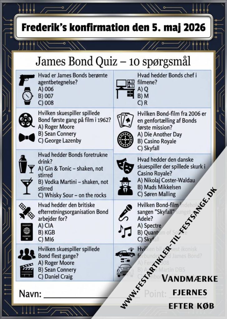 James Bond quiz til fest med 10 spørgsmål og svar i klassisk 007-tema
