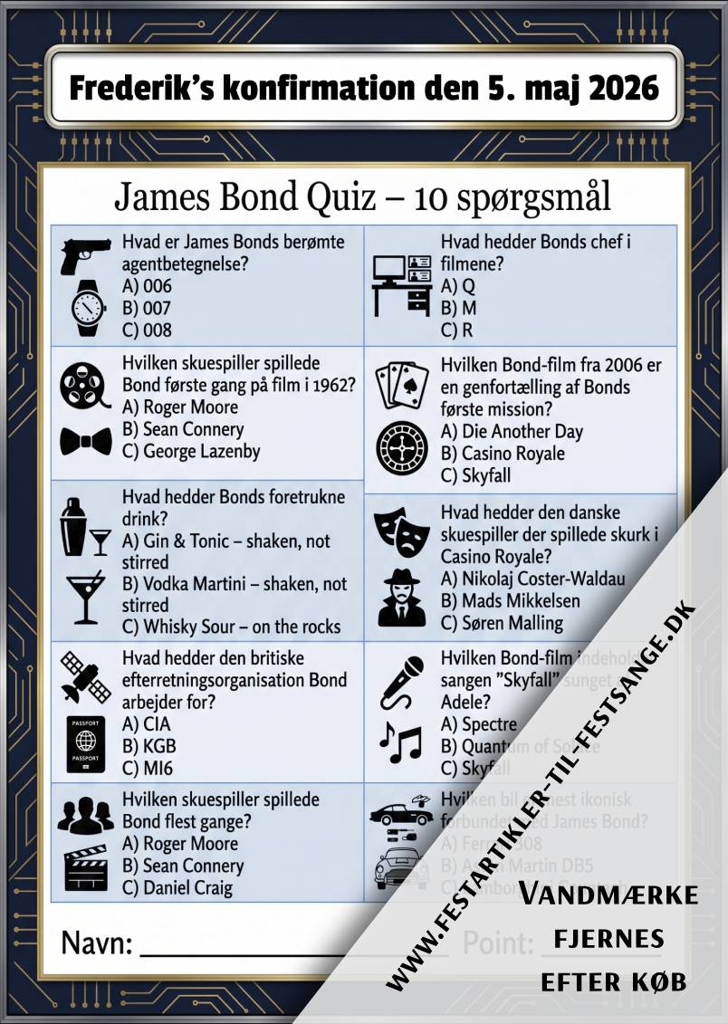 James Bond quiz med 10 spørgsmål om agent 007, Sean Connery, Casino Royale, Mads Mikkelsen og Bond-universet – perfekt til fest og komsammen