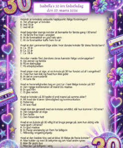 Quiz til 30 års fødselsdag på A4 om det at blive 30 år, fås i 3 designs: retro disco, elegant rosa og hyggelig tegneserie