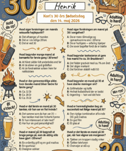 Quiz til 30 års fødselsdag mand på A4 med sjove spørgsmål om livet som 30-årig mand, fås i 3 designs: action, hyggelig og sport BBQ