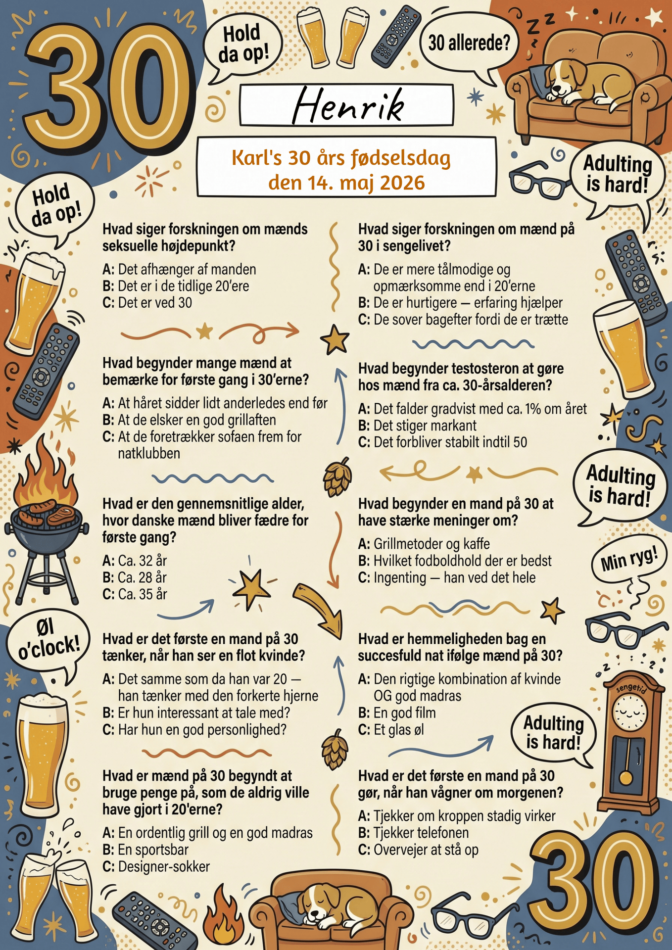 Quiz til 30 års fødselsdag mand på A4 med sjove spørgsmål om livet som 30-årig mand, fås i 3 designs: action, hyggelig og sport BBQ