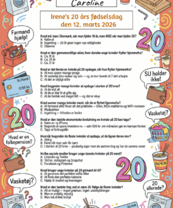 Quiz til 20 års fødselsdag kvinde på A4 med sjove spørgsmål om livet som 20-årig, fås i 3 designs: elegant dansk flag, hyggelig tegneserie og retro Y2K