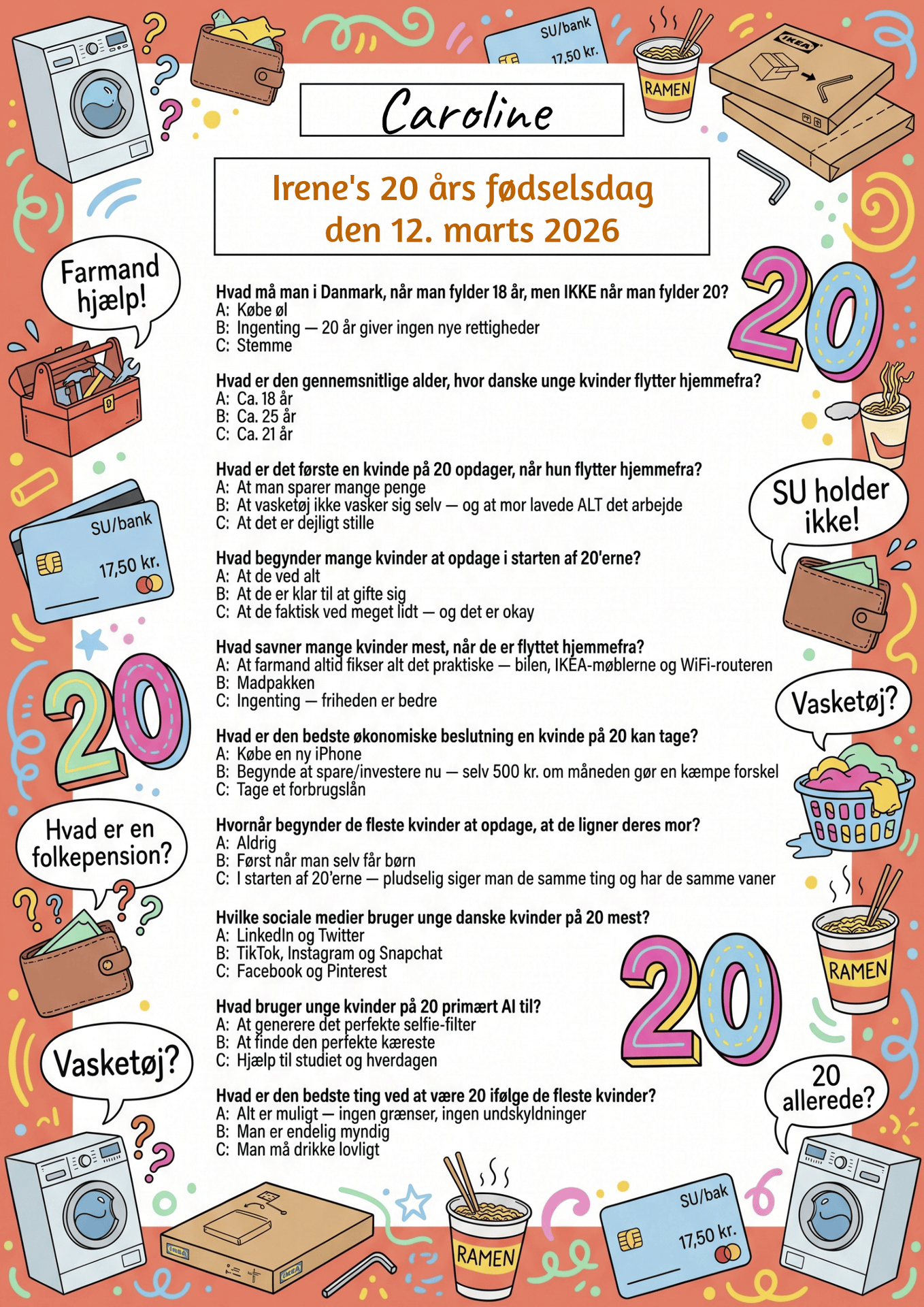 Quiz til 20 års fødselsdag kvinde på A4 med sjove spørgsmål om livet som 20-årig, fås i 3 designs: elegant dansk flag, hyggelig tegneserie og retro Y2K