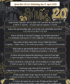 Quiz til 20 års fødselsdag mand i A4 format med sjove spørgsmål om livet som 20-årig mand, fås i 3 designs: action med sportsvogne, urban street med graffiti og gaming med Level 20 Unlocked