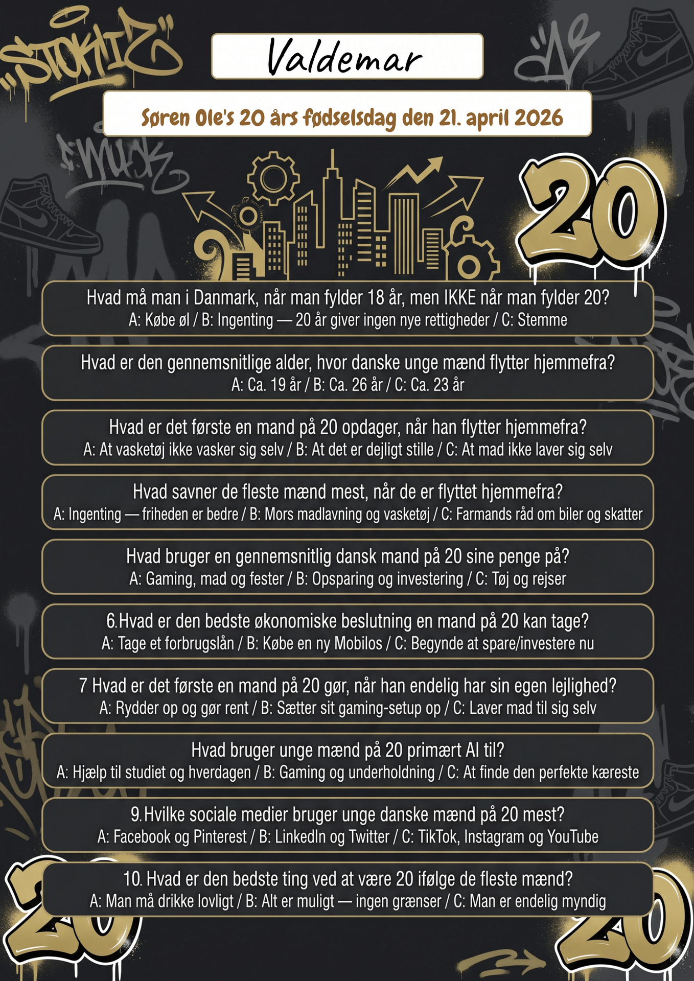 Quiz til 20 års fødselsdag mand i A4 format med sjove spørgsmål om livet som 20-årig mand, fås i 3 designs: action med sportsvogne, urban street med graffiti og gaming med Level 20 Unlocked