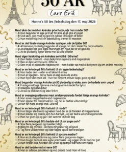 Quiz til 50 års fødselsdag kvinde i A4 format med sjove spørgsmål om livet som 50-årig kvinde, fås i 3 designs: sort guld fashion, Paris vintage og blomster