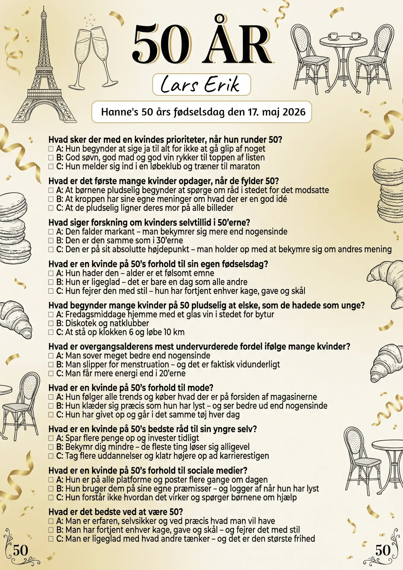 Quiz til 50 års fødselsdag kvinde i A4 format med sjove spørgsmål om livet som 50-årig kvinde, fås i 3 designs: sort guld fashion, Paris vintage og blomster
