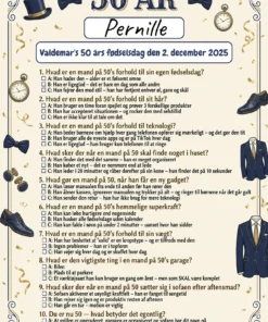 Quiz til 50 års fødselsdag mand i A4 format med sjove spørgsmål om livet som 50-årig mand, fås i 3 designs: sofa og humor, klassisk gentleman og sort guld med whisky