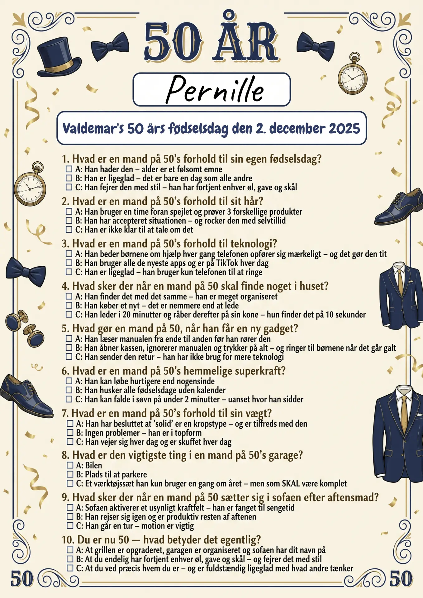 Quiz til 50 års fødselsdag mand i A4 format med sjove spørgsmål om livet som 50-årig mand, fås i 3 designs: sofa og humor, klassisk gentleman og sort guld med whisky