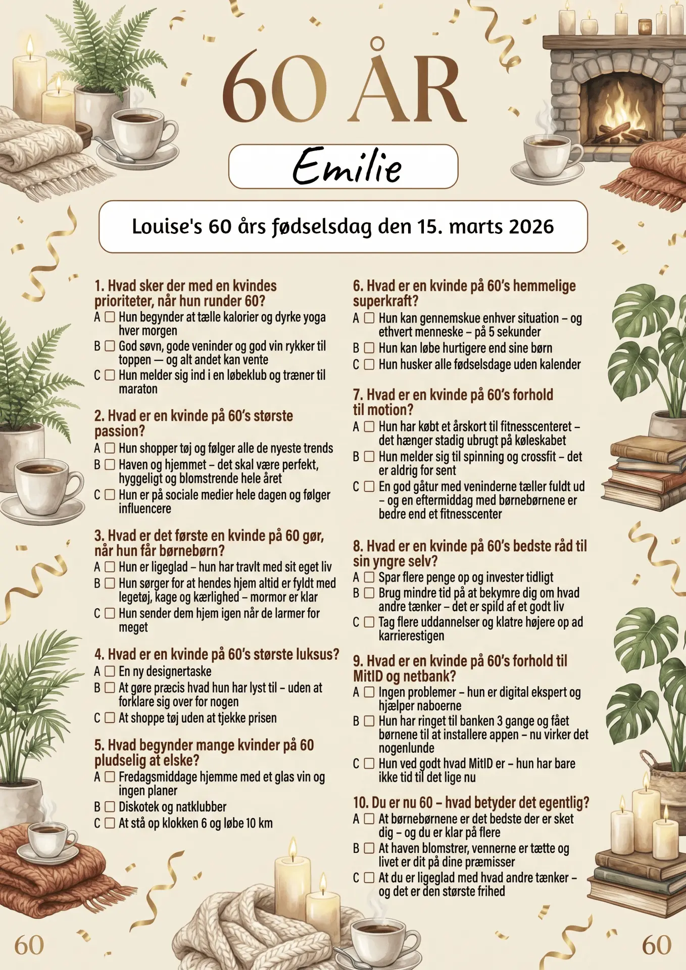 Quiz til 60 års fødselsdag kvinde i A4 format med sjove spørgsmål om livet som 60-årig kvinde, fås i 3 designs: farverig mormor, hygge boho