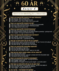 Quiz til 60 års fødselsdag mand i A4 format med sjove spørgsmål om livet som 60-årig mand, fås i 3 designs: farverig morfar, sort guld elegant og natur friluft