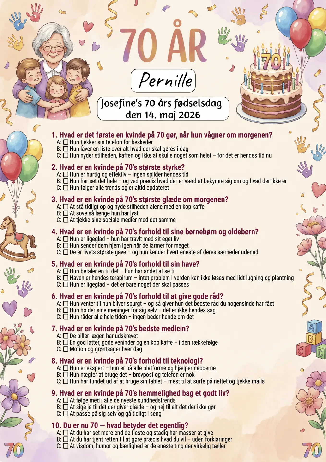 Quiz til 70 års fødselsdag kvinde i A4 format med sjove spørgsmål om livet som 70-årig kvinde, fås i 3 designs: sølv guld elegant, farverig mormor og lyserøde blomster