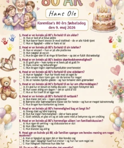 Quiz til 80 års fødselsdag kvinde i A4 format med sjove spørgsmål om livet som 80-årig kvinde, fås i 3 designs: sommerfugle og blomster, farverig familie og mørke roser