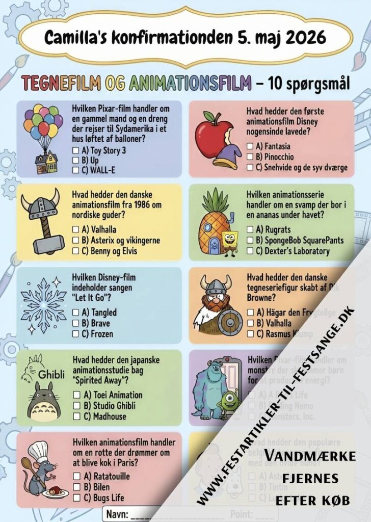 Tegnefilm quiz til fest med 10 spørgsmål om animationsfilm og illustrationer