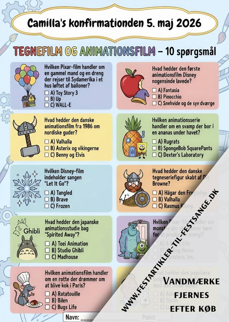 Tegnefilm og animationsfilm quiz med 10 spørgsmål om Disney, Pixar, Studio Ghibli, Valhalla og klassiske animationsfilm – perfekt til fest og komsammen