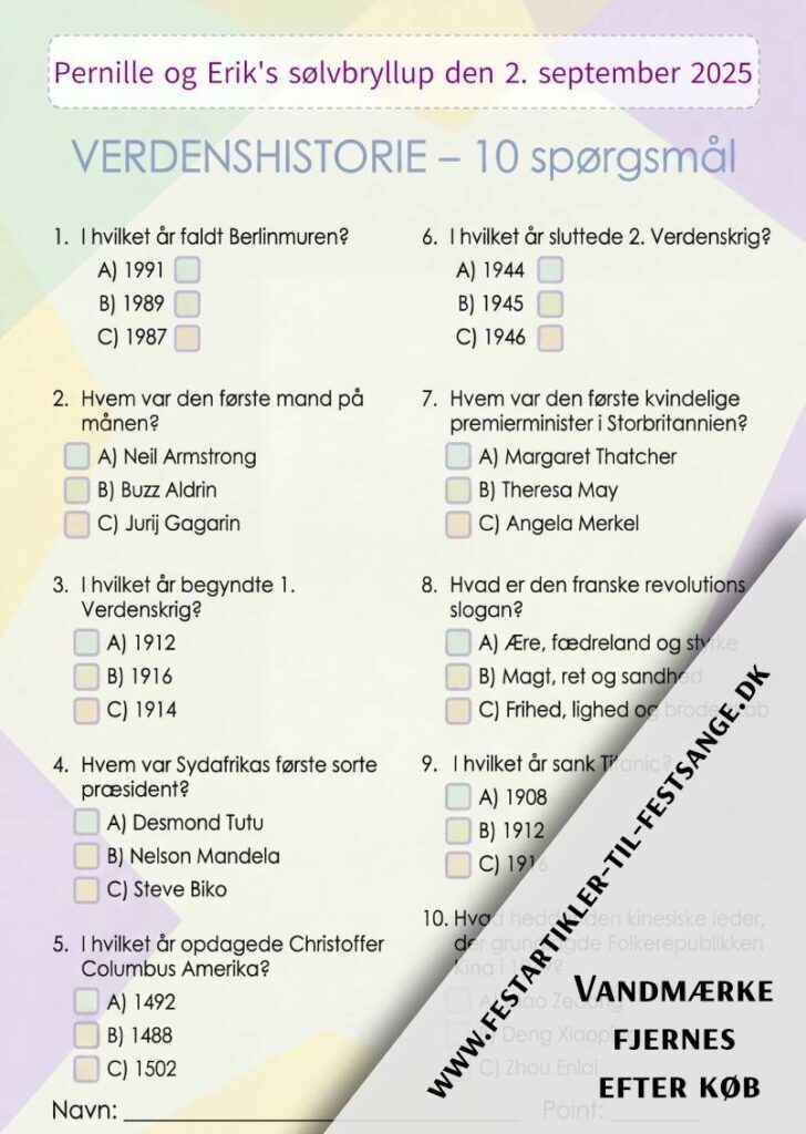 Verdenshistorie quiz til fest med 10 spørgsmål om berømte historiske begivenheder og multiple choice-svar