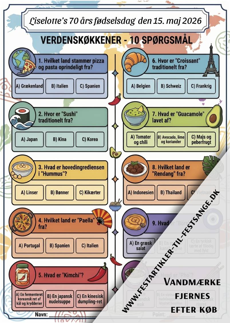 Verdenskøkkener quiz med 10 spørgsmål om mad fra hele verden – pizza, sushi, hummus, paella og kimchi – perfekt til fest og komsammen
