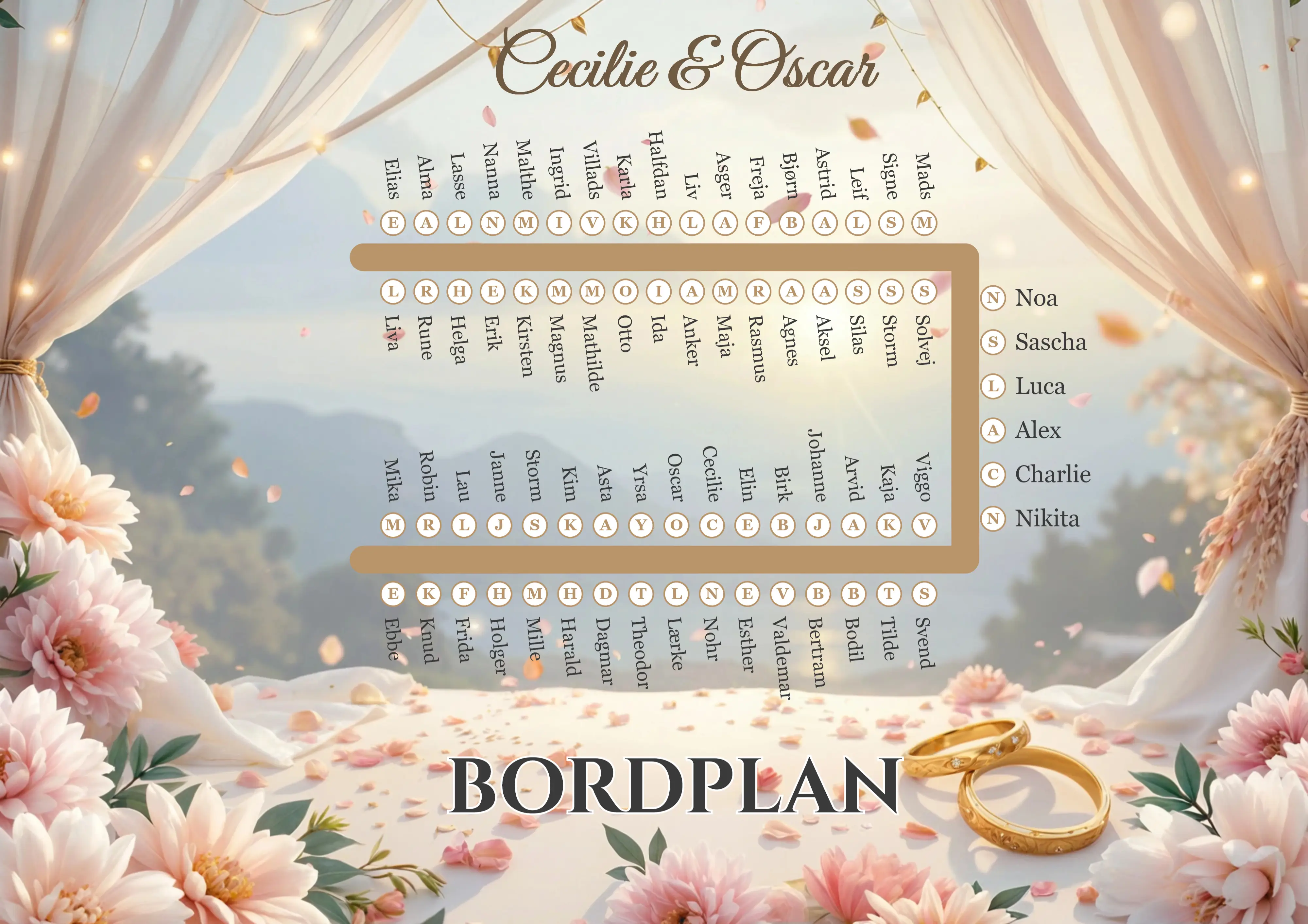 Bryllup med hestesko-bord i lyserød og guld, lavet i Bordplan Designer på festsange.nu