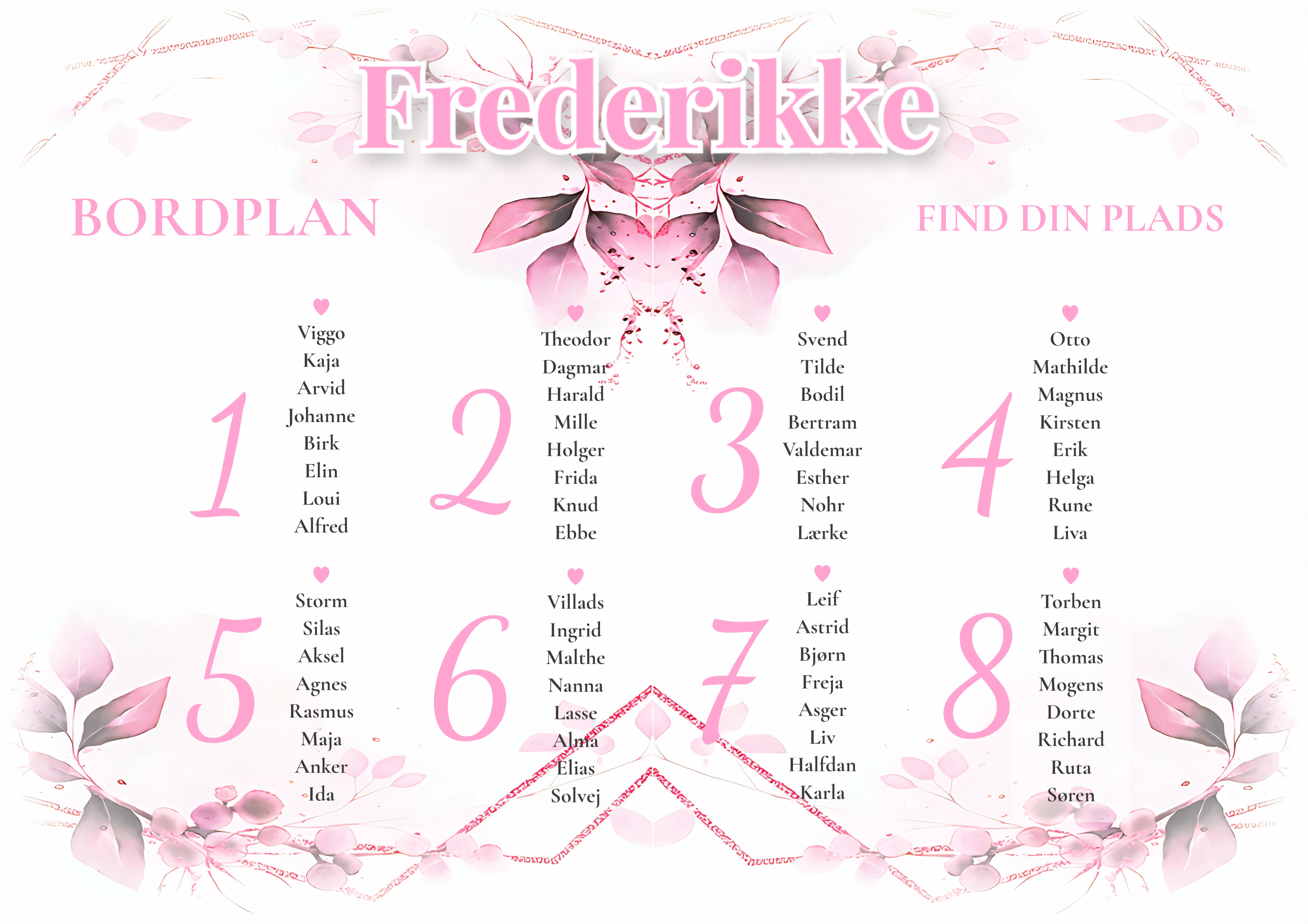 Rosa bordplan til konfirmation med 8 numererede borde og akvarelblade lavet i Bordplan Designer på festsange.nu