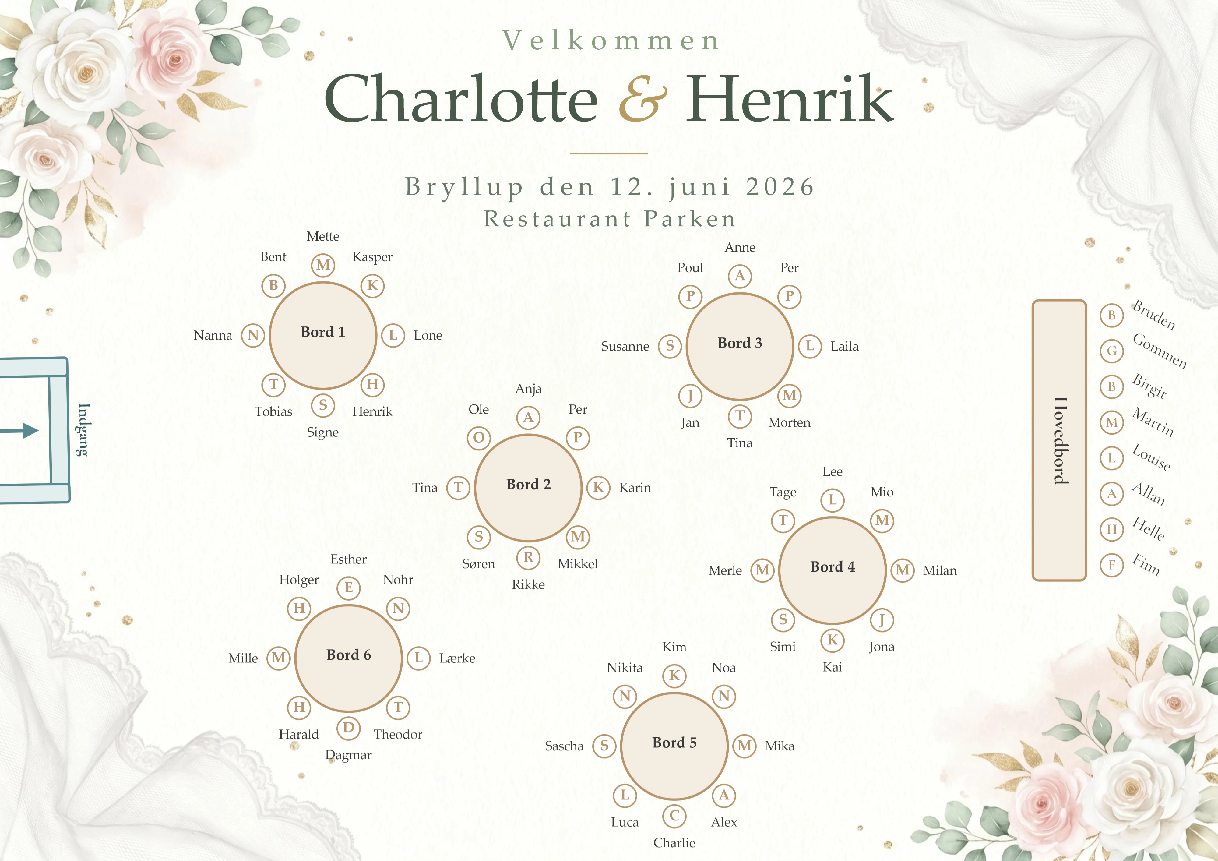 Bordplan til Charlotte og Henriks bryllup
