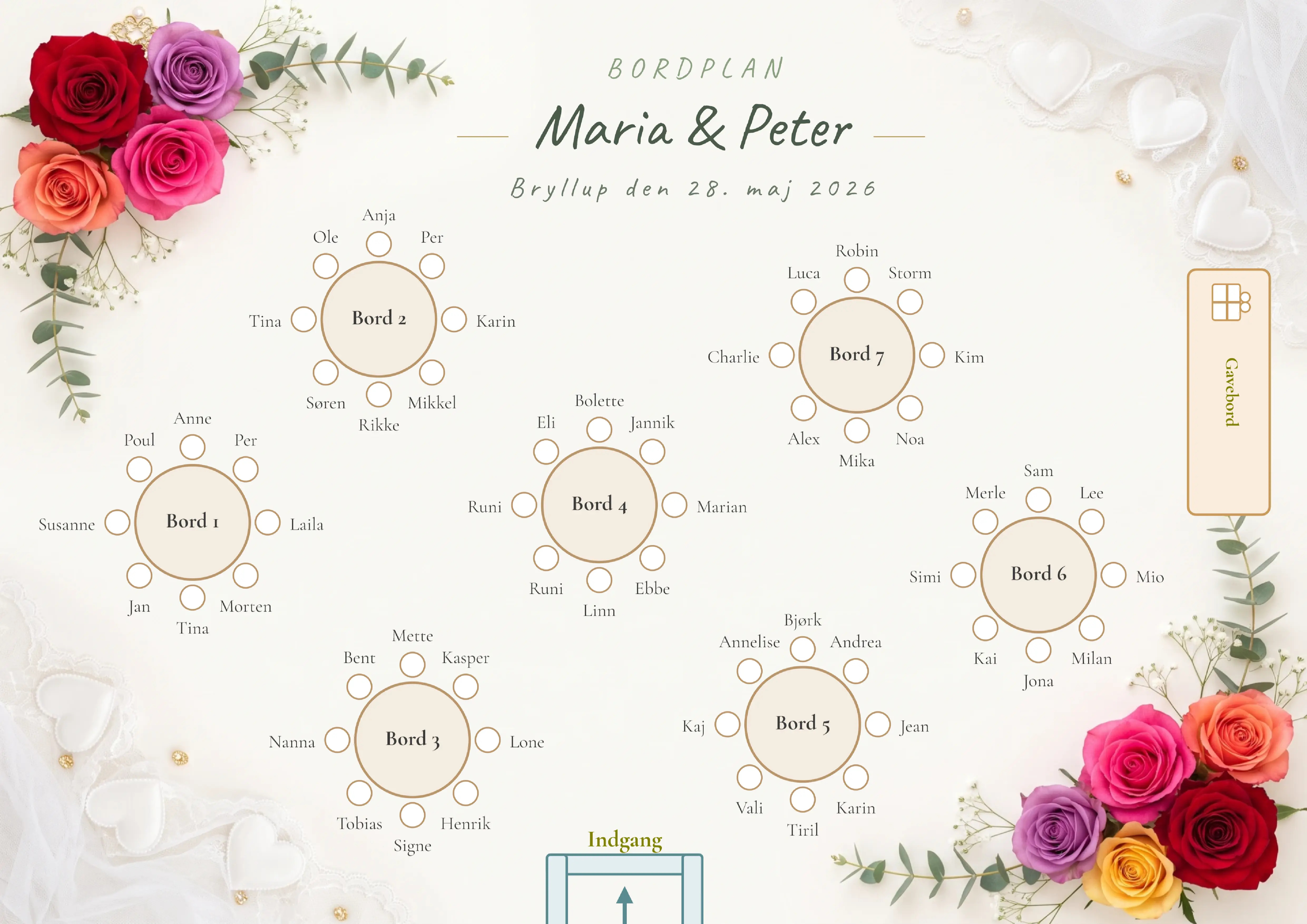 Bordplan til Marie og Peters bryllup