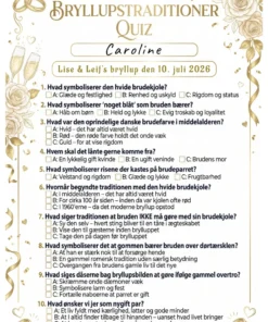 Quiz om bryllupstraditioner i A4 format med 10 spørgsmål om danske og internationale bryllupstraditioner, fås i 6 designs fra botanical til lilla guld og røde roser
