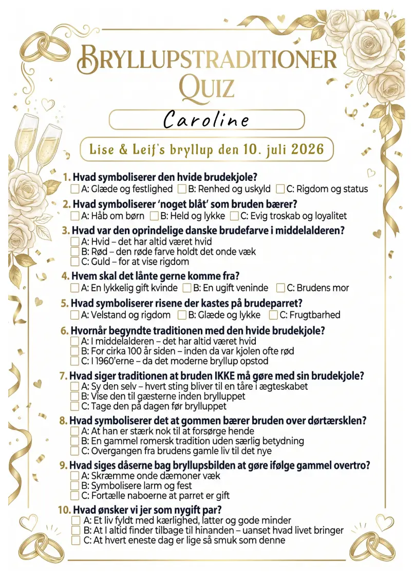 Quiz om bryllupstraditioner i A4 format med 10 spørgsmål om danske og internationale bryllupstraditioner, fås i 6 designs fra botanical til lilla guld og røde roser