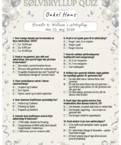 Quiz til sølvbryllup i A4 format med 10 spørgsmål om sølvbryllup og 25 års bryllupsdag, fås i 6 designs fra farverig fest til sort elegant og sølv roser