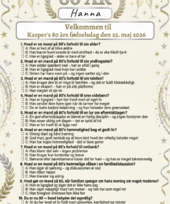 Quiz til 80 års fødselsdag mand i A4 format med sjove spørgsmål om livet som 80-årig mand, fås i 3 designs: farverig oldefar, sølv guld elegant og klassisk gentleman