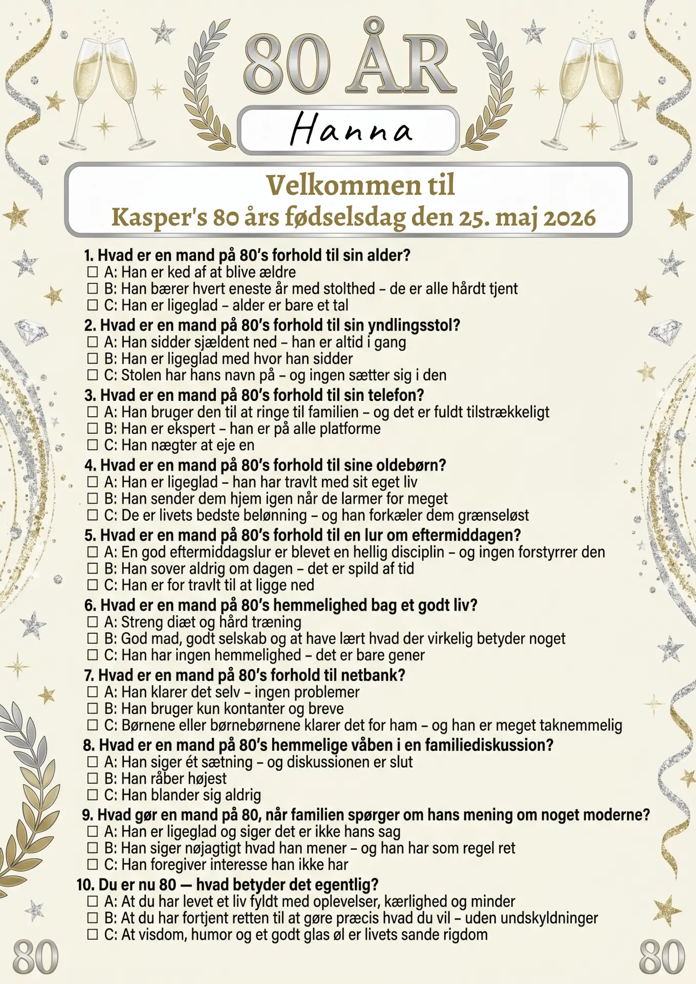 Quiz til 80 års fødselsdag mand i A4 format med sjove spørgsmål om livet som 80-årig mand, fås i 3 designs: farverig oldefar, sølv guld elegant og klassisk gentleman