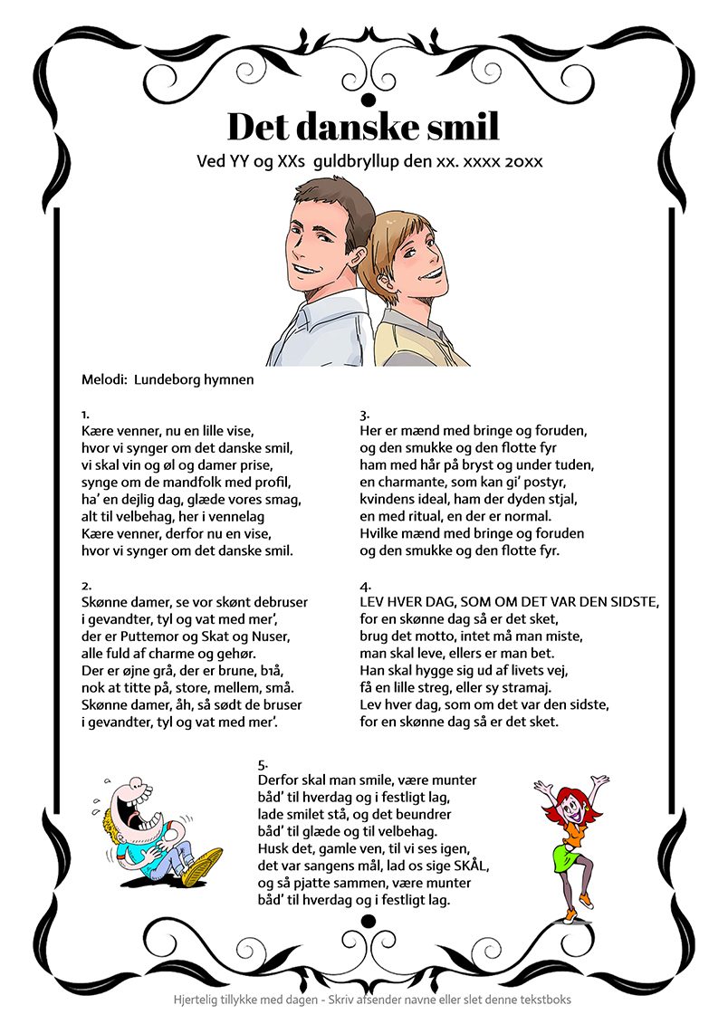 Sjov guldbryllupssang Det danske smil på kendt melodi til personlig tilpasning