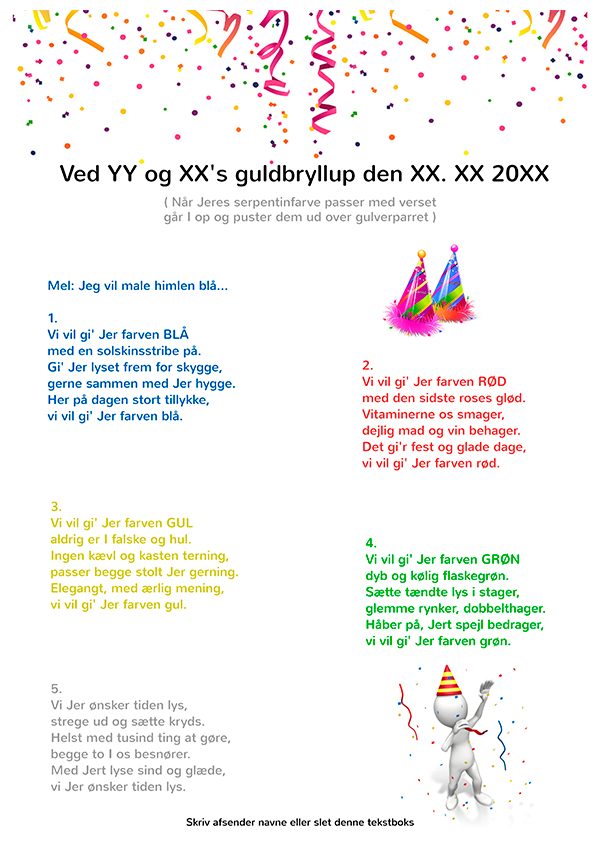 Serpentiner til guldbryllup med guldkonfetti og festlige farver