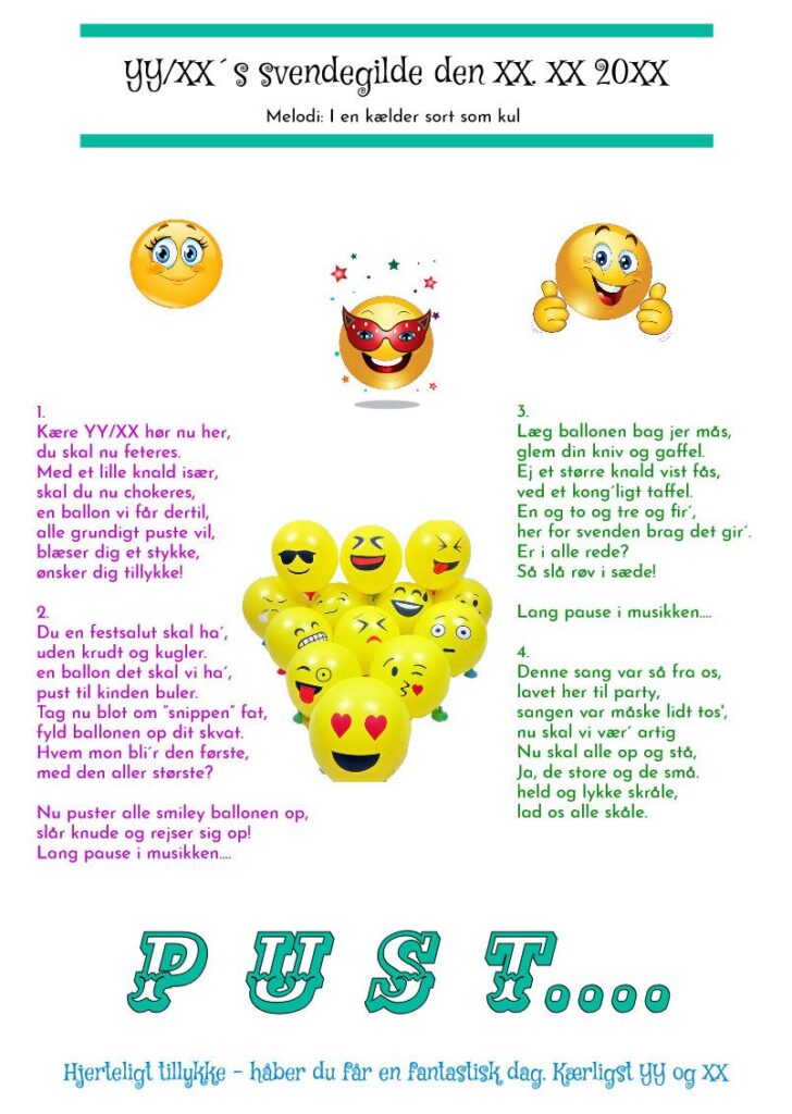 Smiley ballonsang til svendegilde med farverige smileys og balloner