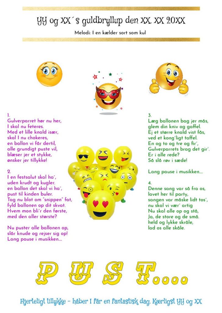 Guldbryllupssang fra flere personer med smiley balloner i farver – personlig hilsen til guldbrylluppet