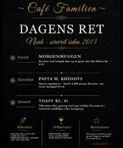 Dagens ret plakat til konfirmation dreng med navnet Noah, forret Morgenmuggen, hovedret Pasta m. kødsovs, dessert Toast kl. 01 og børnemenu udgået