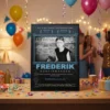 Filmplakat til konfirmation dreng i stålblå udgave med konfirmandens foto og navn, opstillet i sort ramme på festbordet