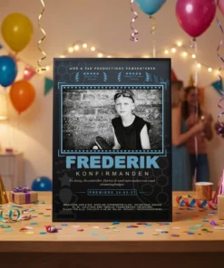 Filmplakat til konfirmation dreng i stålblå udgave med konfirmandens foto og navn, opstillet i sort ramme på festbordet