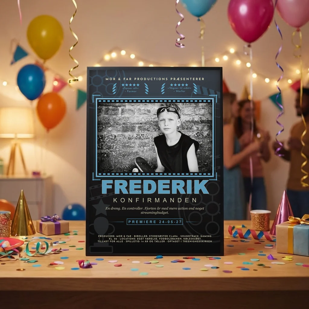 Filmplakat til konfirmation dreng i stålblå udgave med konfirmandens foto og navn, opstillet i sort ramme på festbordet
