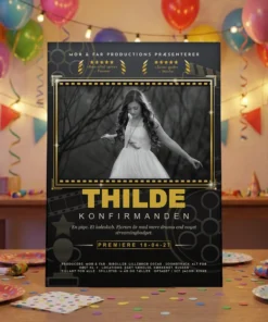 Filmplakat til konfirmation i guld udgave med konfirmandens foto og navn, opstillet på festbordet mellem balloner