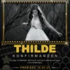 Personlig filmplakat til konfirmation i guld med sort-hvidt foto, navnet Thilde som filmtitel, laurbær, anmeldelser og premieredato
