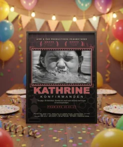 Filmplakat til konfirmation i rød udgave med konfirmandens foto og navn, opstillet i sort ramme på festbordet