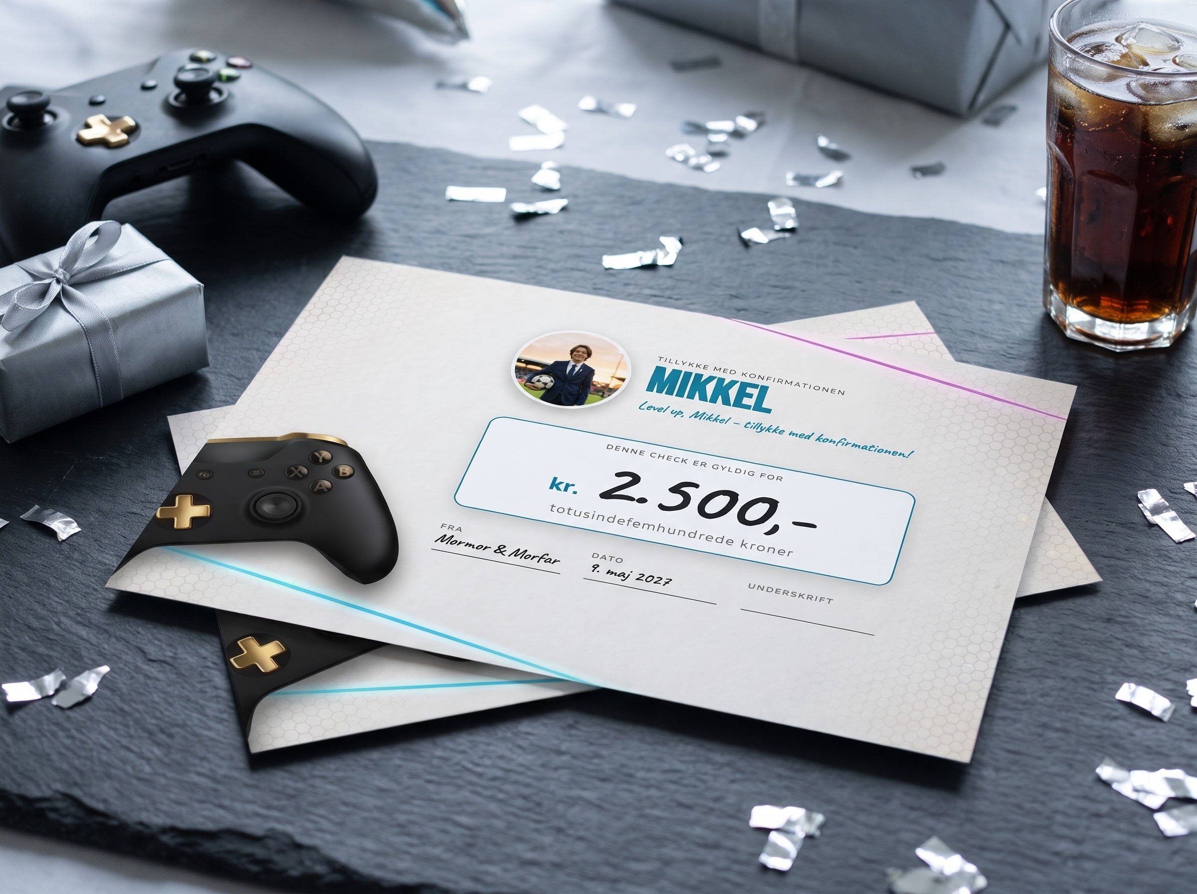 Pengecheck til konfirmation i Gamer-design med foto, controller og konfetti på bordet