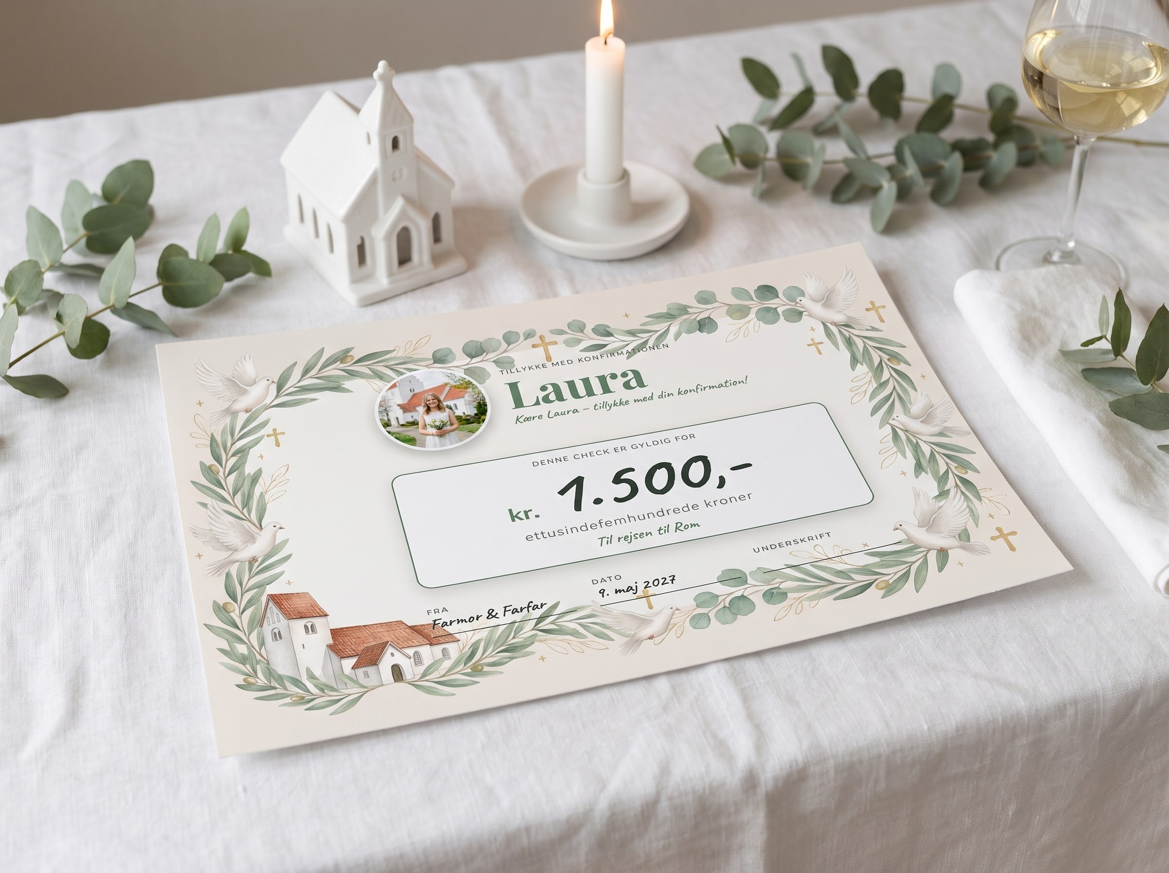 Pengecheck til konfirmation i Kirke-design med foto, duer og eukalyptus på festbordet